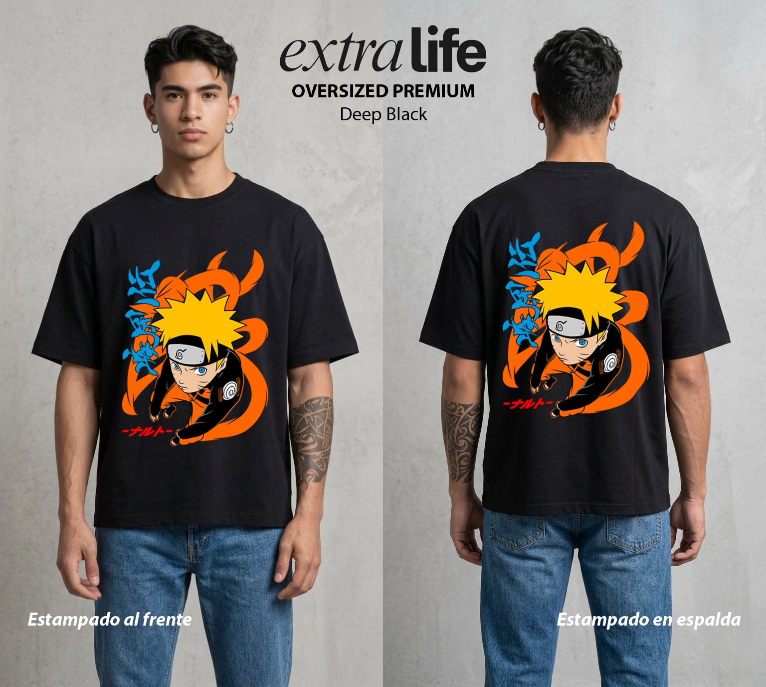 La Aldea Oculta | Zorro de Nueve Colas #02926 - Playera Oversized Premium | Deep Black - Foto en modelo