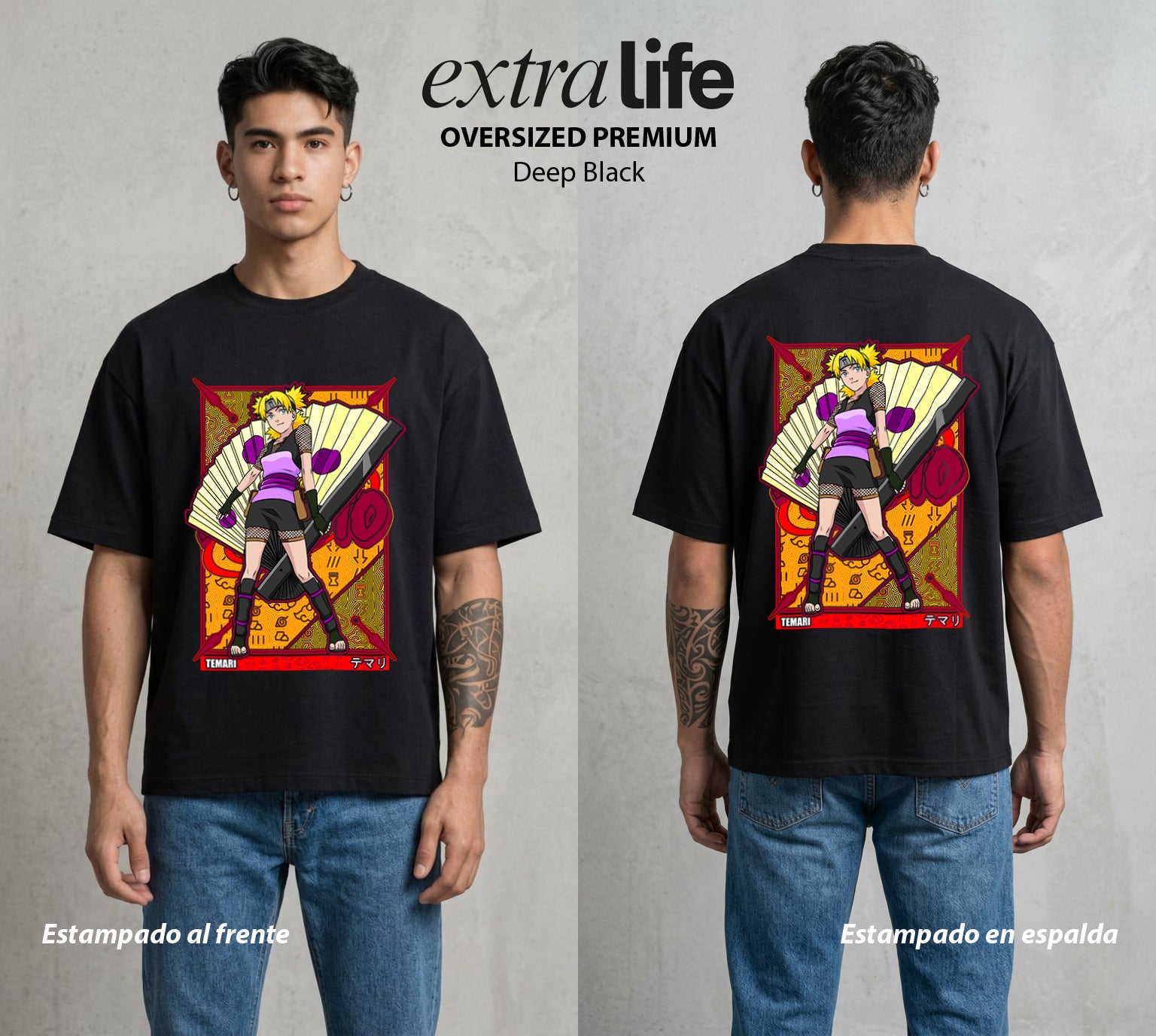 La Aldea Oculta | Zorro de Nueve Colas #02928 - Playera Oversized Premium | Deep Black - Foto en modelo