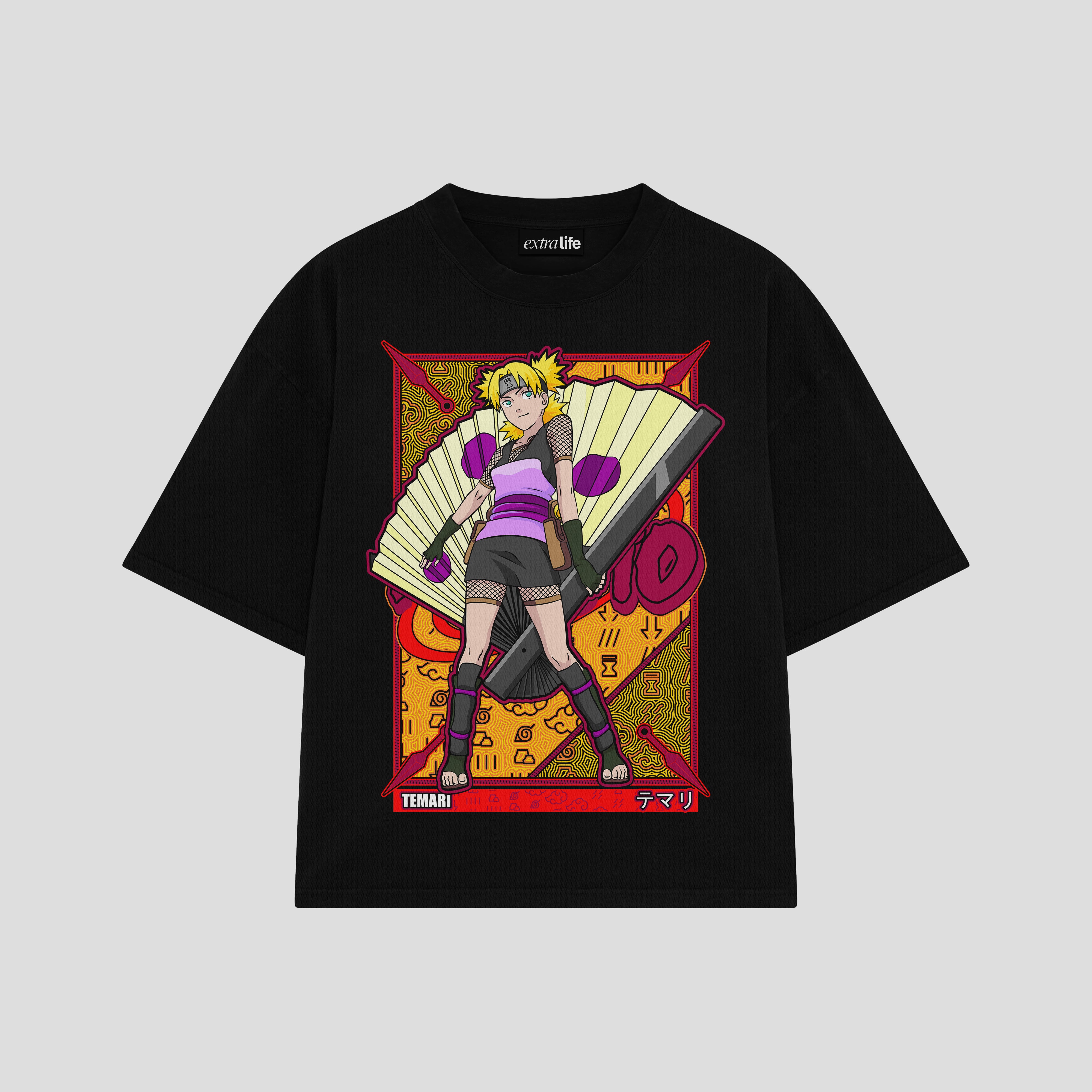 Playera streetwear premium de anime y gaming ExtraLife MX, corte boxy oversized drop shoulder heavyweight en color Deep Black y Off-White, moda urbana mexicana de culto.