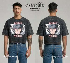 Playera streetwear premium de anime y gaming ExtraLife MX, corte boxy deluxe mineral wash heavyweight en color Acid Wash, moda urbana mexicana de culto.