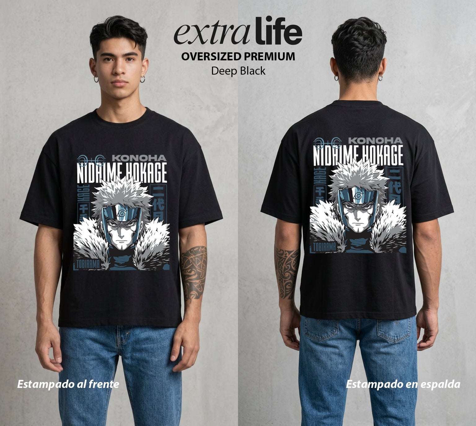 La Aldea Oculta | Zorro de Nueve Colas #02930 - Playera Oversized Premium | Deep Black - Foto en modelo
