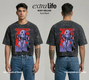 Playera streetwear premium de anime y gaming ExtraLife MX, corte boxy deluxe mineral wash heavyweight en color Acid Wash, moda urbana mexicana de culto.