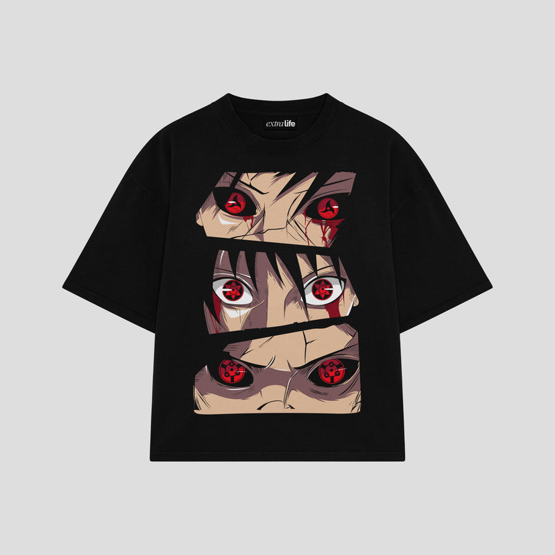 Playera streetwear premium de anime y gaming ExtraLife MX, corte boxy oversized drop shoulder heavyweight en color Deep Black y Off-White, moda urbana mexicana de culto.