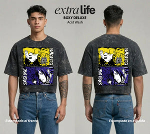 Playera streetwear premium de anime y gaming ExtraLife MX, corte boxy deluxe mineral wash heavyweight en color Acid Wash, moda urbana mexicana de culto.