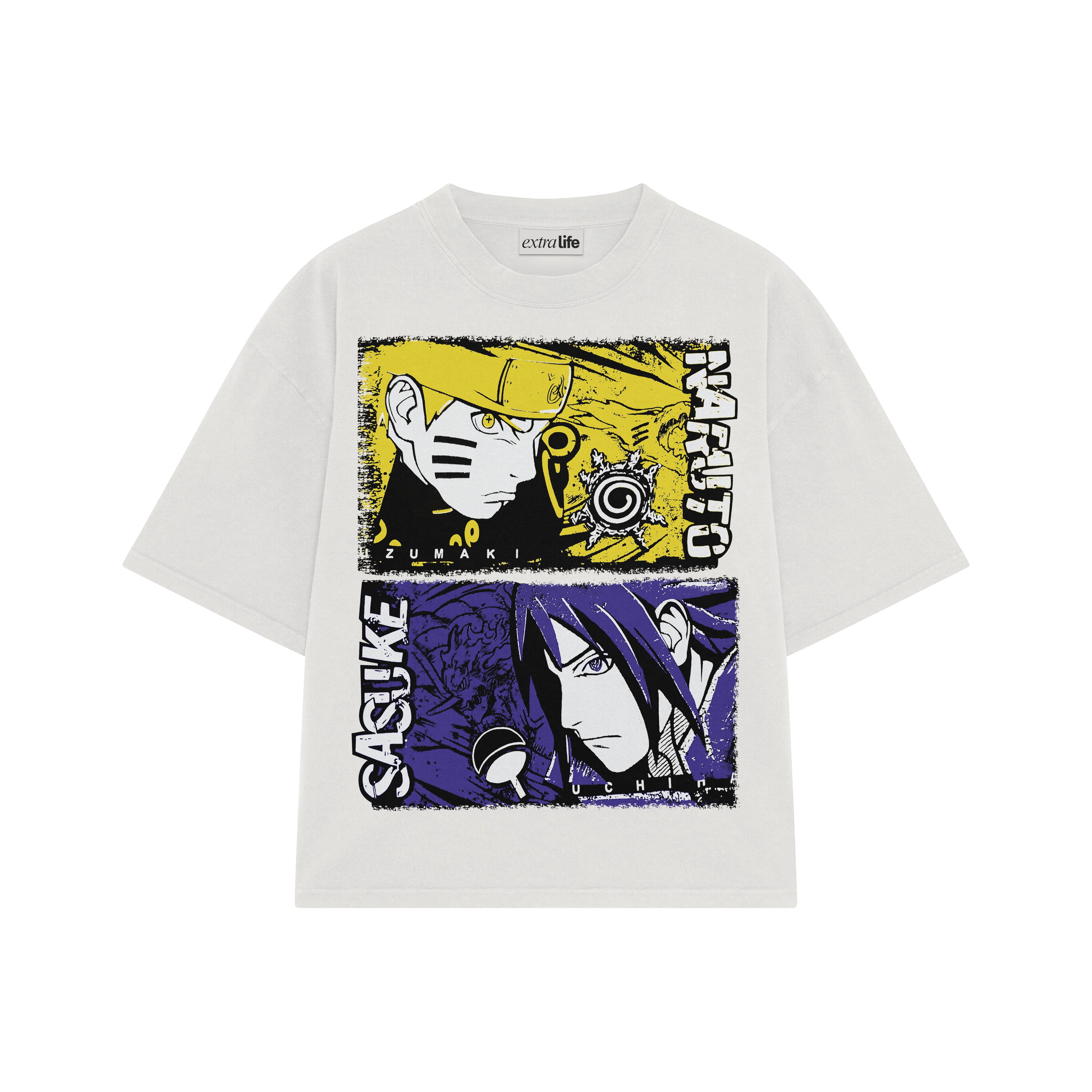 Playera streetwear premium de anime y gaming ExtraLife MX, corte boxy oversized drop shoulder heavyweight en color Deep Black y Off-White, moda urbana mexicana de culto.