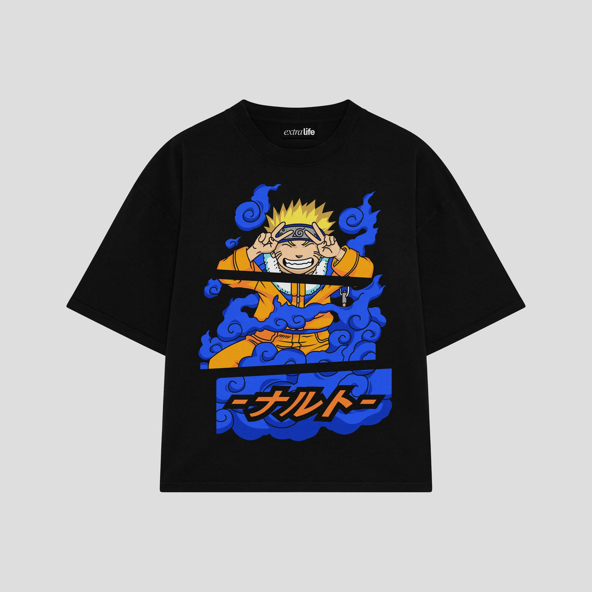 Playera streetwear premium de anime y gaming ExtraLife MX, corte oversized drop shoulder ligero y fresco en color Deep Black y Off-White, moda urbana mexicana de culto.