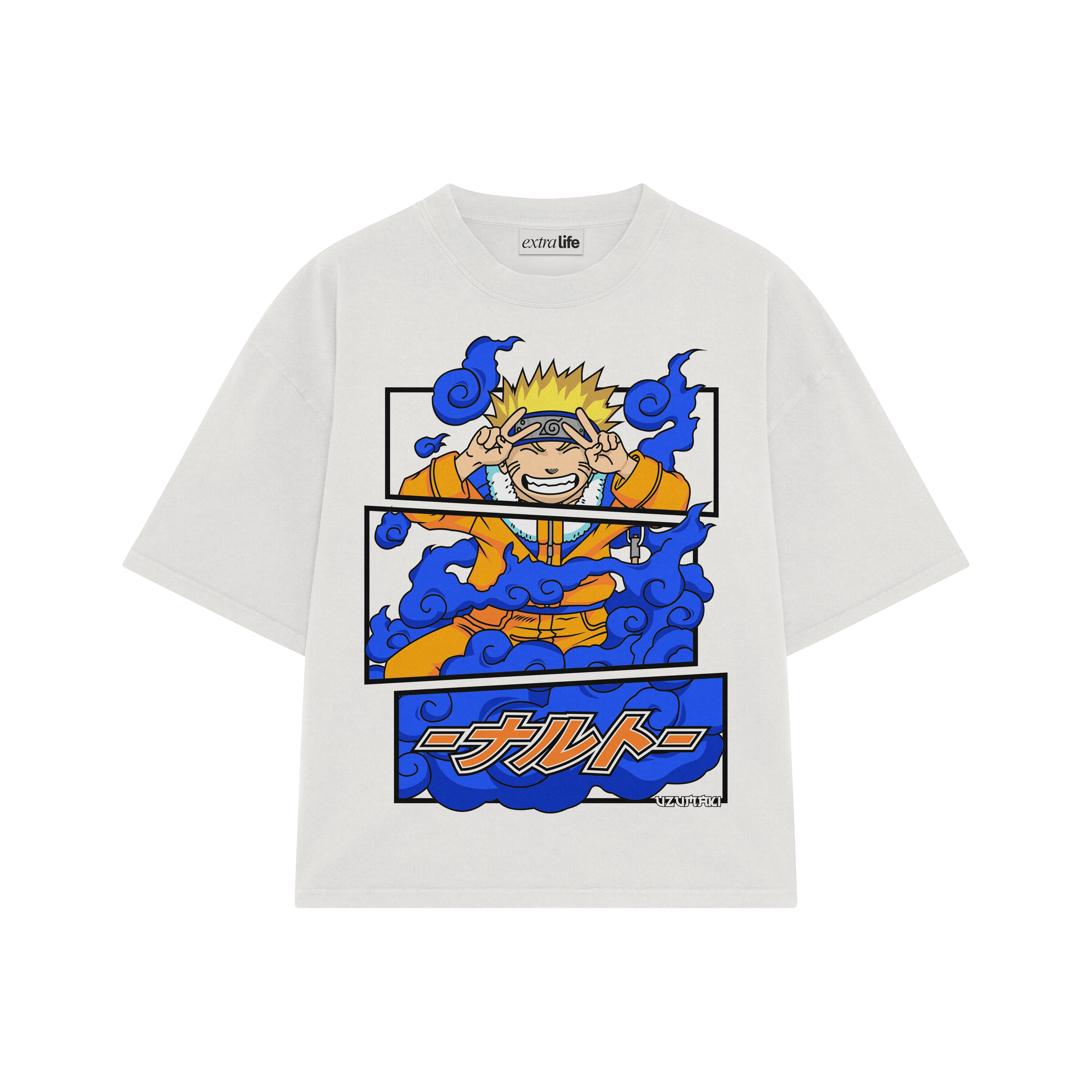 Playera streetwear premium de anime y gaming ExtraLife MX, corte boxy oversized drop shoulder heavyweight en color Deep Black y Off-White, moda urbana mexicana de culto.