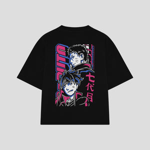 Playera streetwear premium de anime y gaming ExtraLife MX, corte boxy oversized drop shoulder heavyweight en color Deep Black y Off-White, moda urbana mexicana de culto.