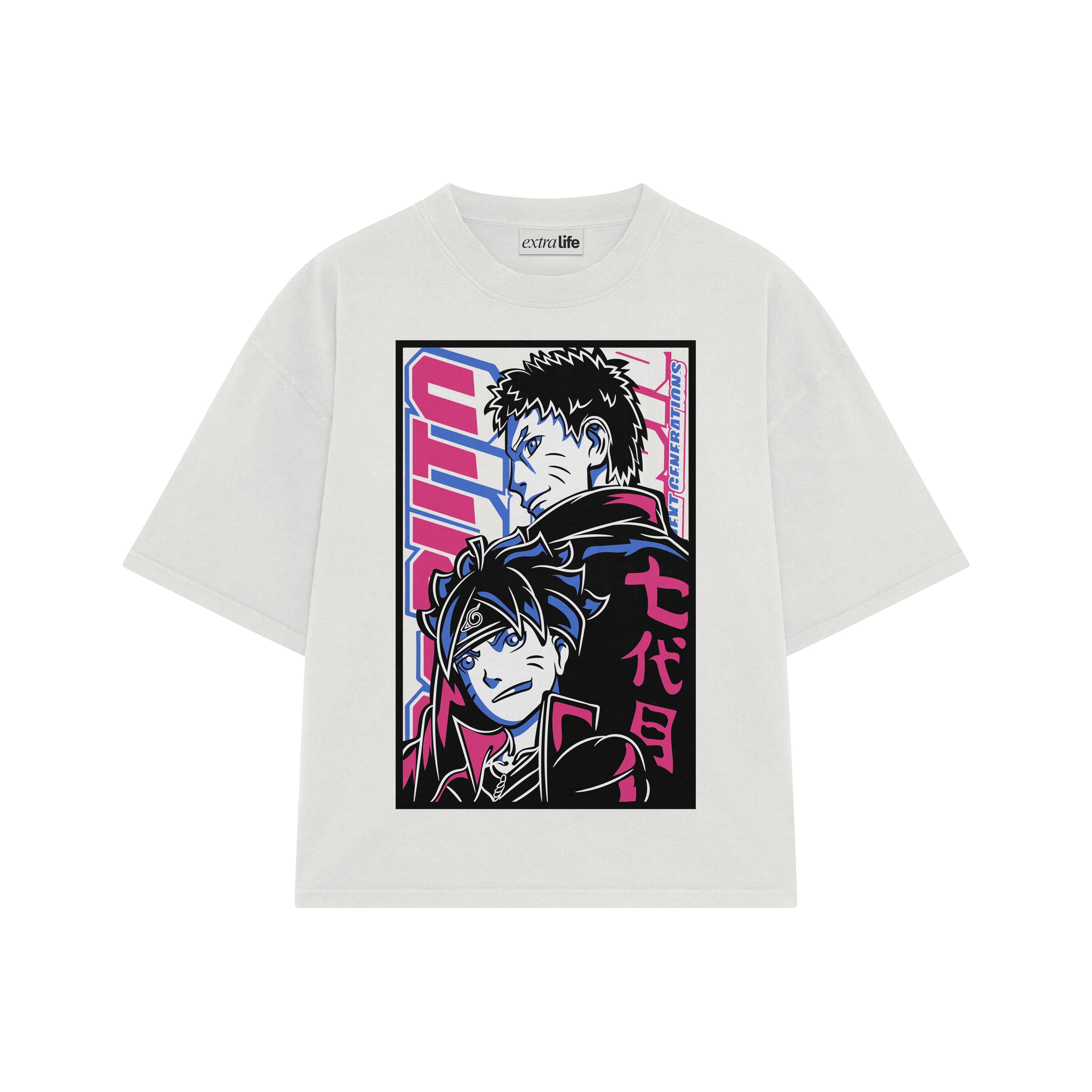 Playera streetwear premium de anime y gaming ExtraLife MX, corte boxy oversized drop shoulder heavyweight en color Deep Black y Off-White, moda urbana mexicana de culto.
