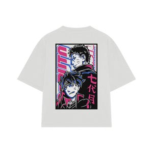 Playera streetwear premium de anime y gaming ExtraLife MX, corte boxy oversized drop shoulder heavyweight en color Deep Black y Off-White, moda urbana mexicana de culto.