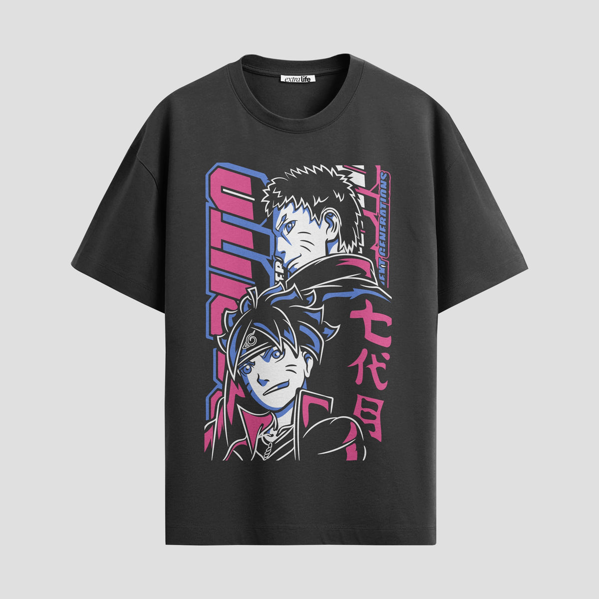Playera urbana de anime y gaming ExtraLife MX, corte Classic Premium unisex ligero y transpirable en color Deep Black y Pure White, ropa de uso diario para gym y casual.