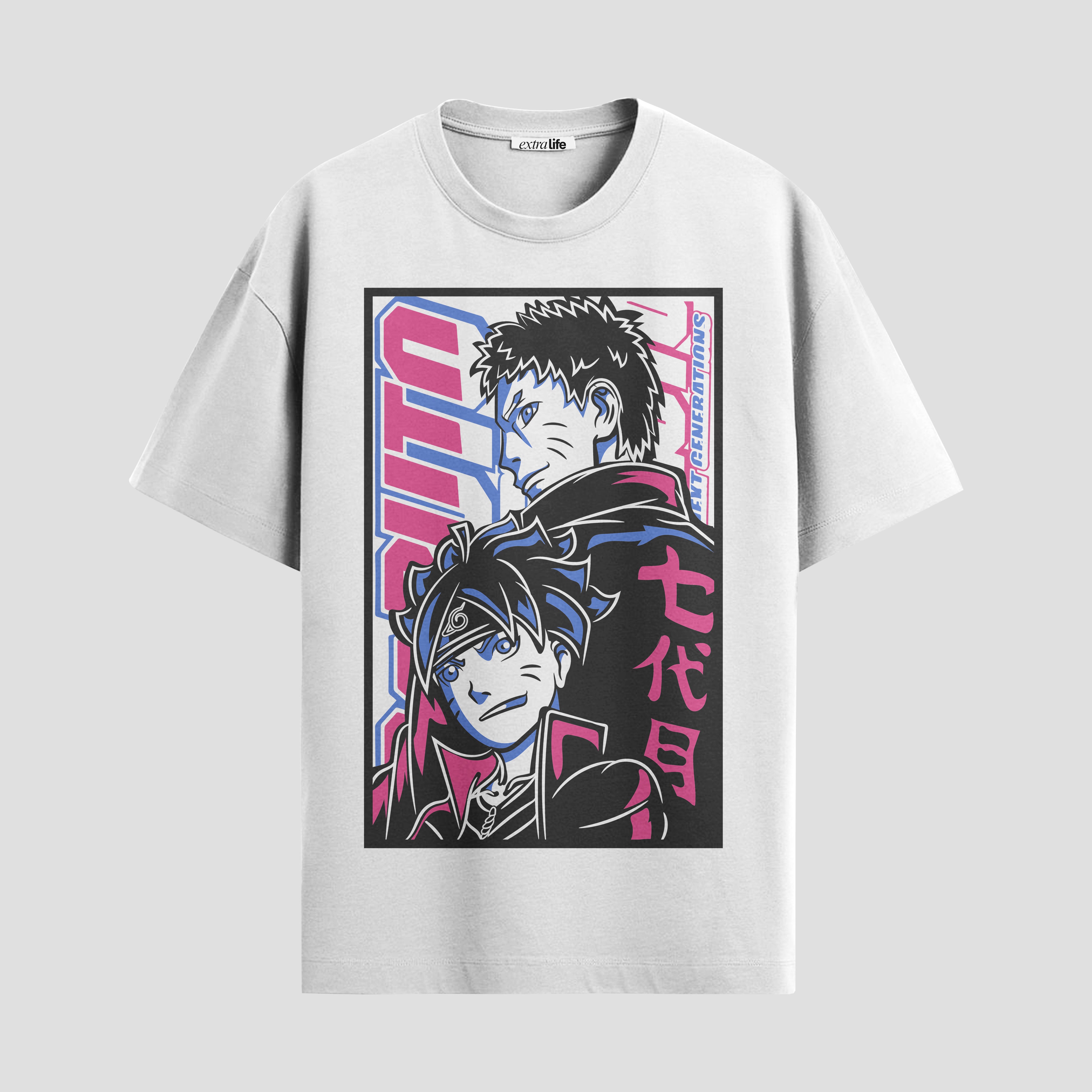 Playera urbana de anime y gaming ExtraLife MX, corte Standard Fit unisex ligero y transpirable en color Deep Black y Pure White, ropa de uso diario para gym y casual.