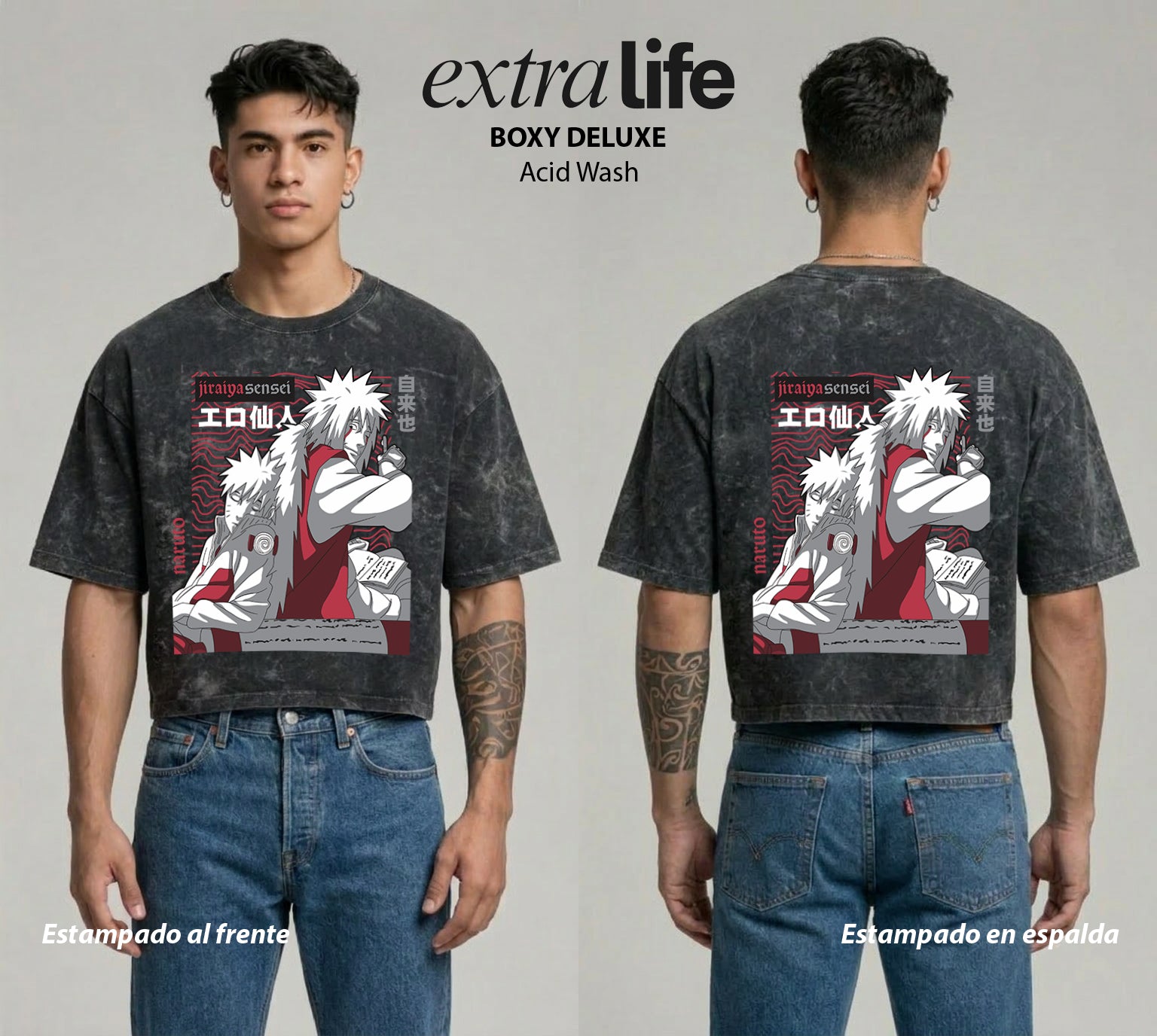 Playera streetwear premium de anime y gaming ExtraLife MX, corte boxy deluxe mineral wash heavyweight en color Acid Wash, moda urbana mexicana de culto.
