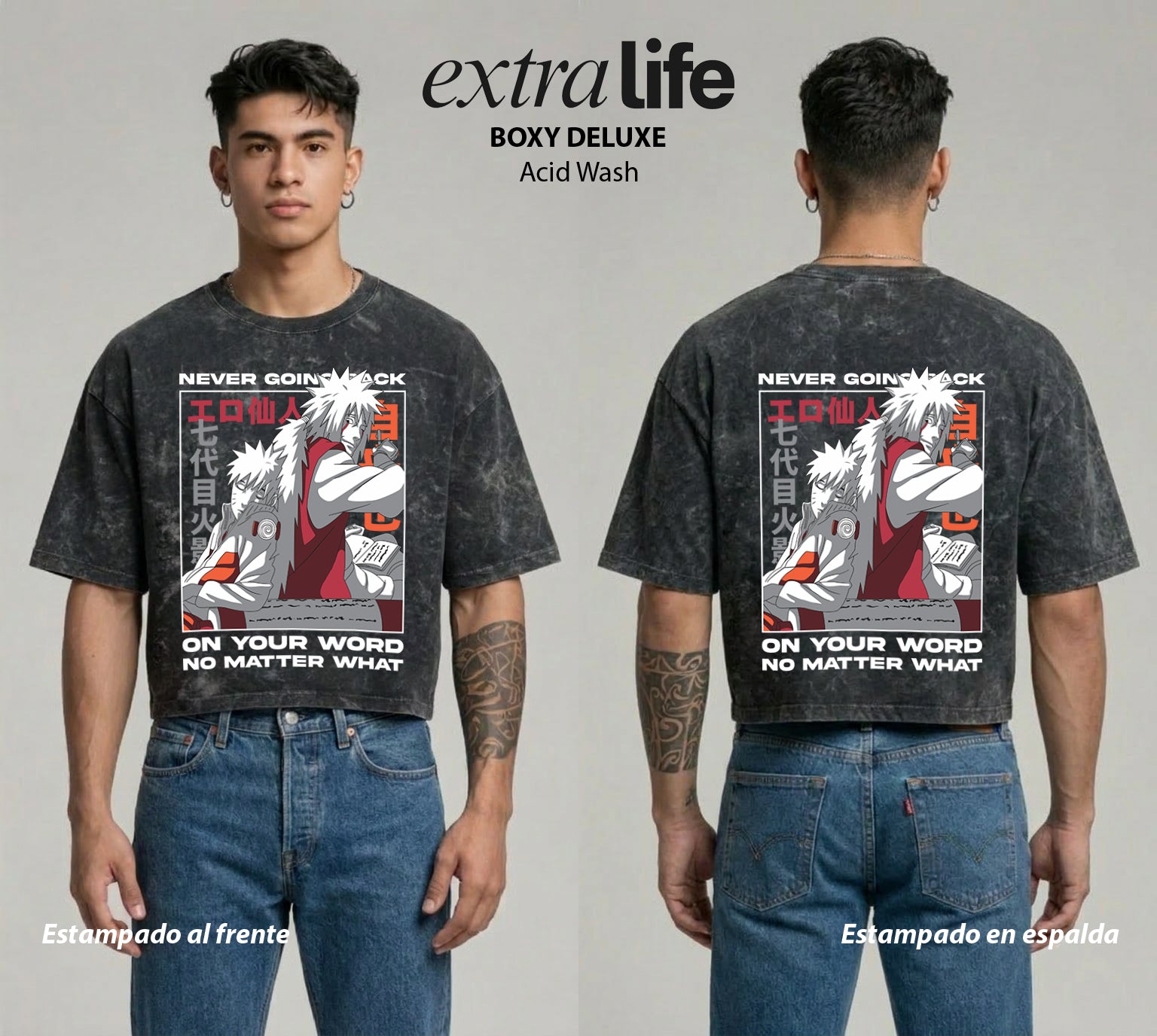 Playera streetwear premium de anime y gaming ExtraLife MX, corte boxy deluxe mineral wash heavyweight en color Acid Wash, moda urbana mexicana de culto.