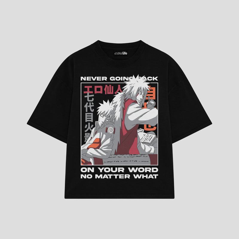 Playera streetwear premium de anime y gaming ExtraLife MX, corte boxy oversized drop shoulder heavyweight en color Deep Black y Off-White, moda urbana mexicana de culto.