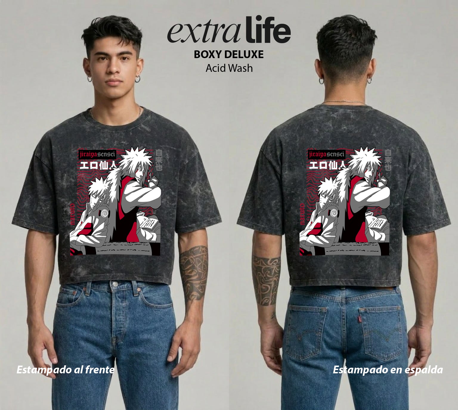 Playera streetwear premium de anime y gaming ExtraLife MX, corte boxy deluxe mineral wash heavyweight en color Acid Wash, moda urbana mexicana de culto.