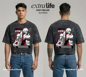 Playera streetwear premium de anime y gaming ExtraLife MX, corte boxy deluxe mineral wash heavyweight en color Acid Wash, moda urbana mexicana de culto.