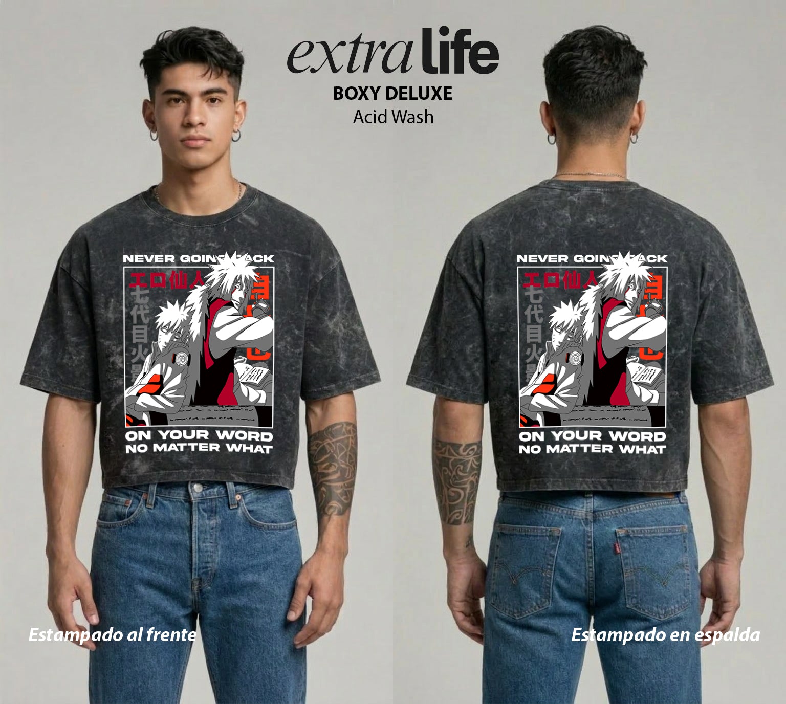 Playera streetwear premium de anime y gaming ExtraLife MX, corte boxy deluxe mineral wash heavyweight en color Acid Wash, moda urbana mexicana de culto.