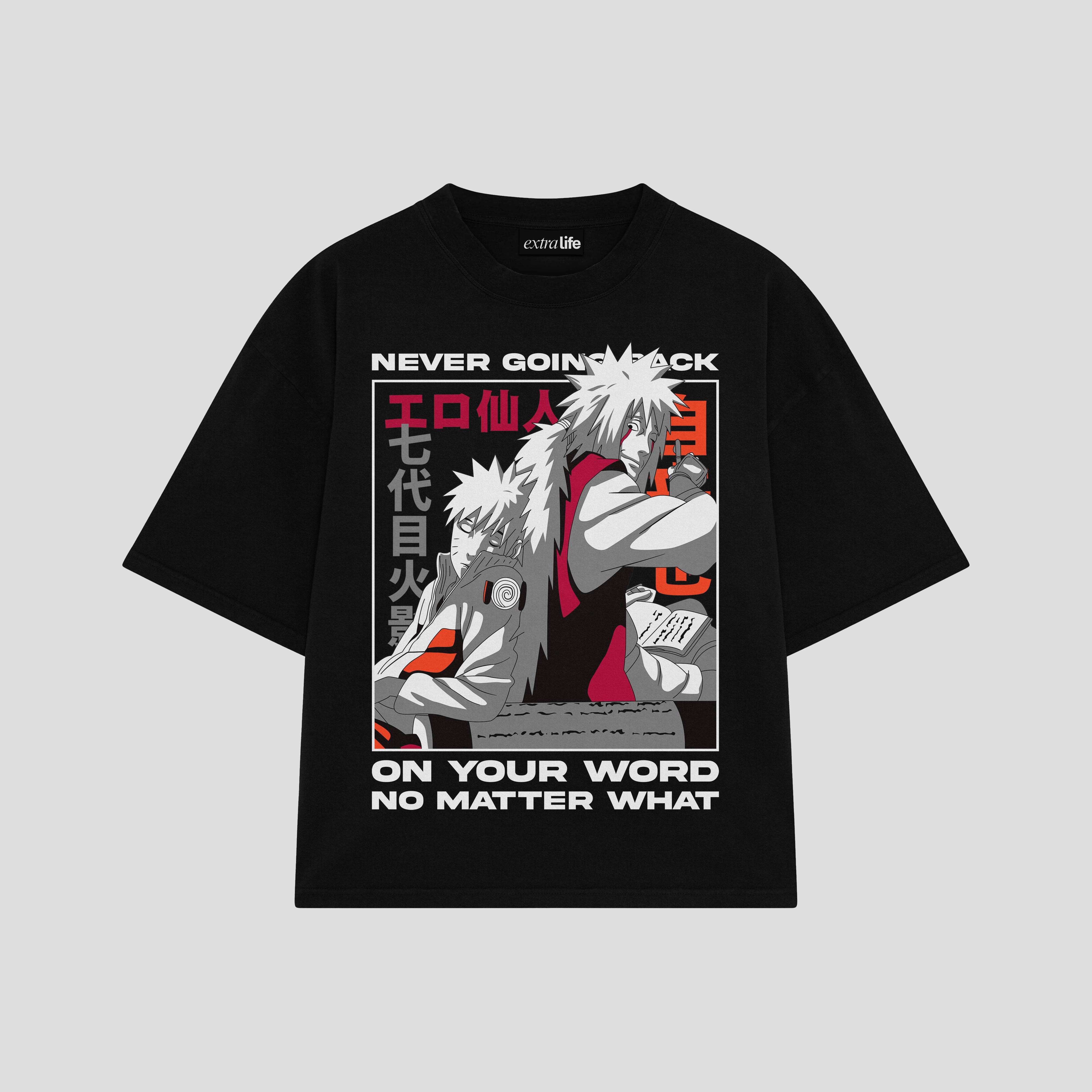 Playera streetwear premium de anime y gaming ExtraLife MX, corte boxy oversized drop shoulder heavyweight en color Deep Black y Off-White, moda urbana mexicana de culto.