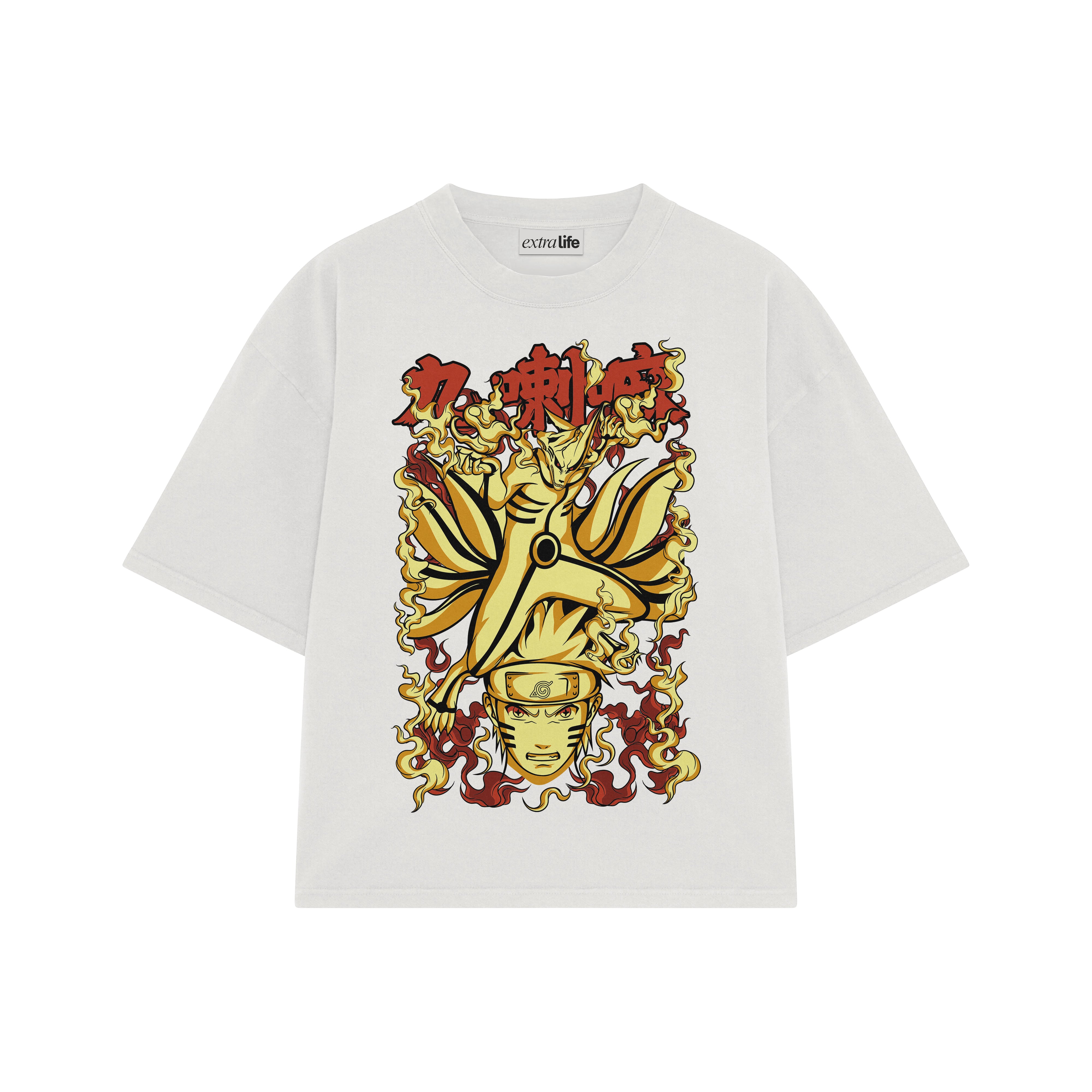 Playera streetwear premium de anime y gaming ExtraLife MX, corte boxy oversized drop shoulder heavyweight en color Deep Black y Off-White, moda urbana mexicana de culto.