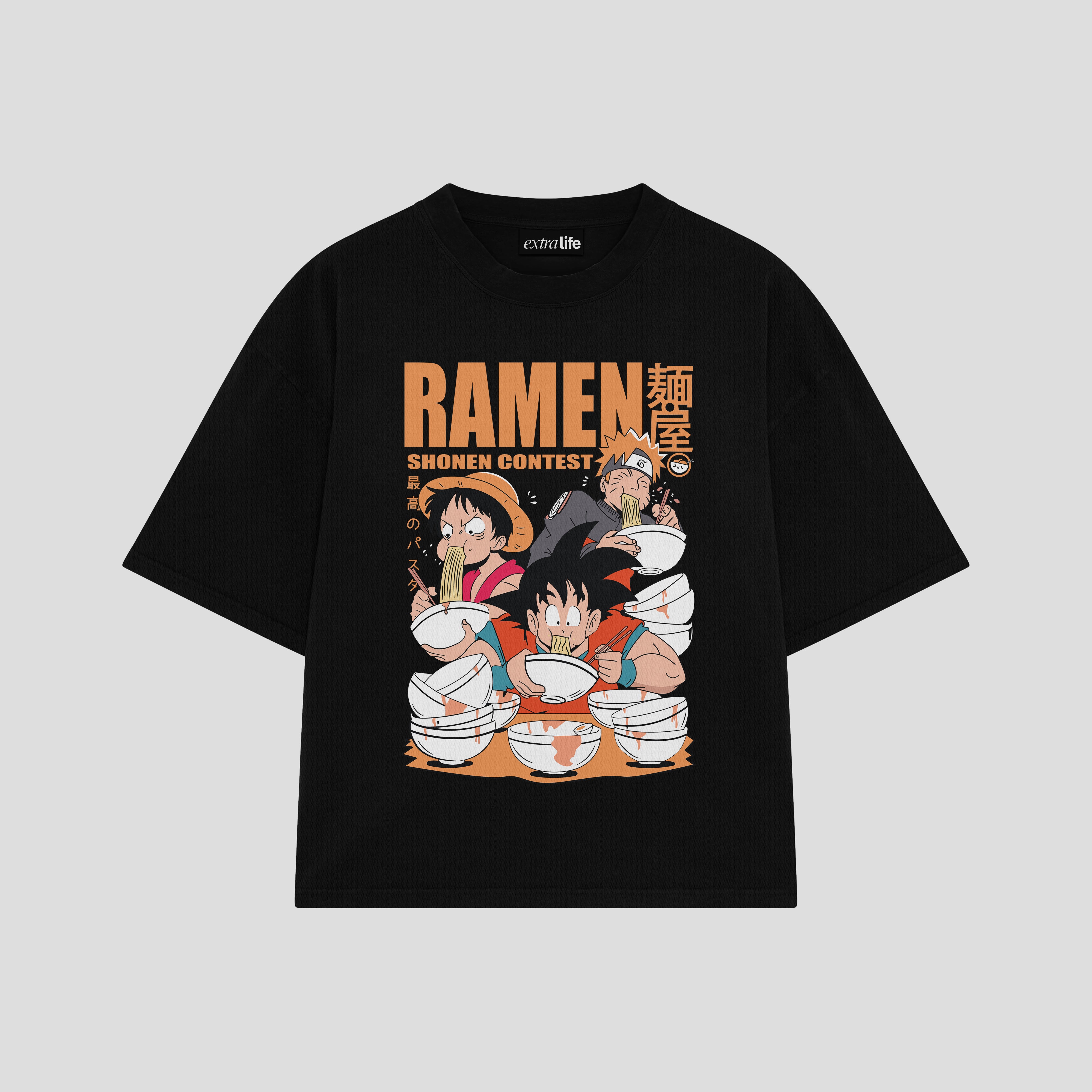 Playera streetwear premium de anime y gaming ExtraLife MX, corte boxy oversized drop shoulder heavyweight en color Deep Black y Off-White, moda urbana mexicana de culto.
