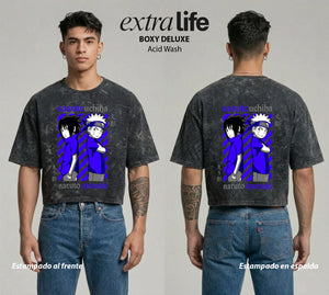Playera streetwear premium de anime y gaming ExtraLife MX, corte boxy deluxe mineral wash heavyweight en color Acid Wash, moda urbana mexicana de culto.