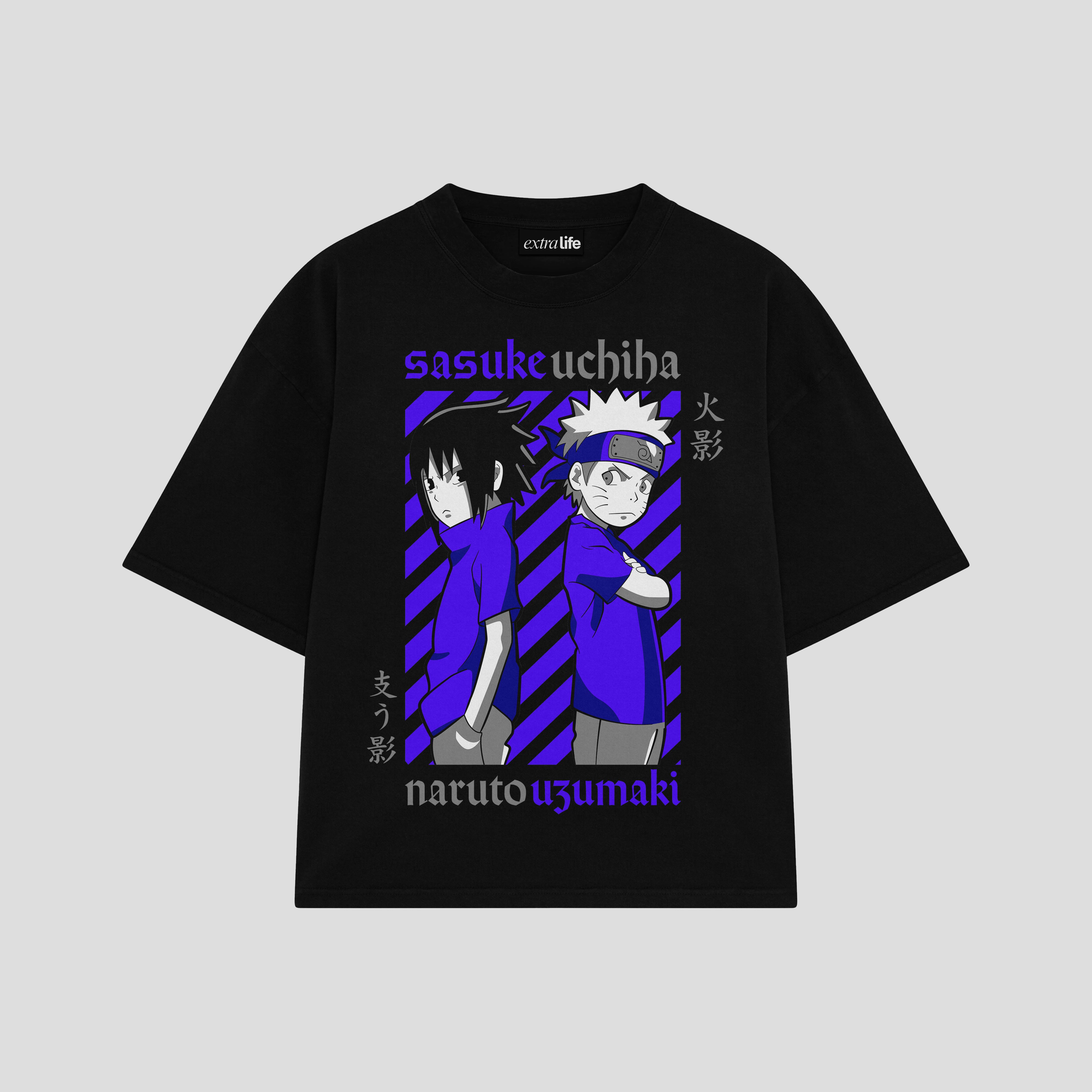 Playera streetwear premium de anime y gaming ExtraLife MX, corte boxy oversized drop shoulder heavyweight en color Deep Black y Off-White, moda urbana mexicana de culto.