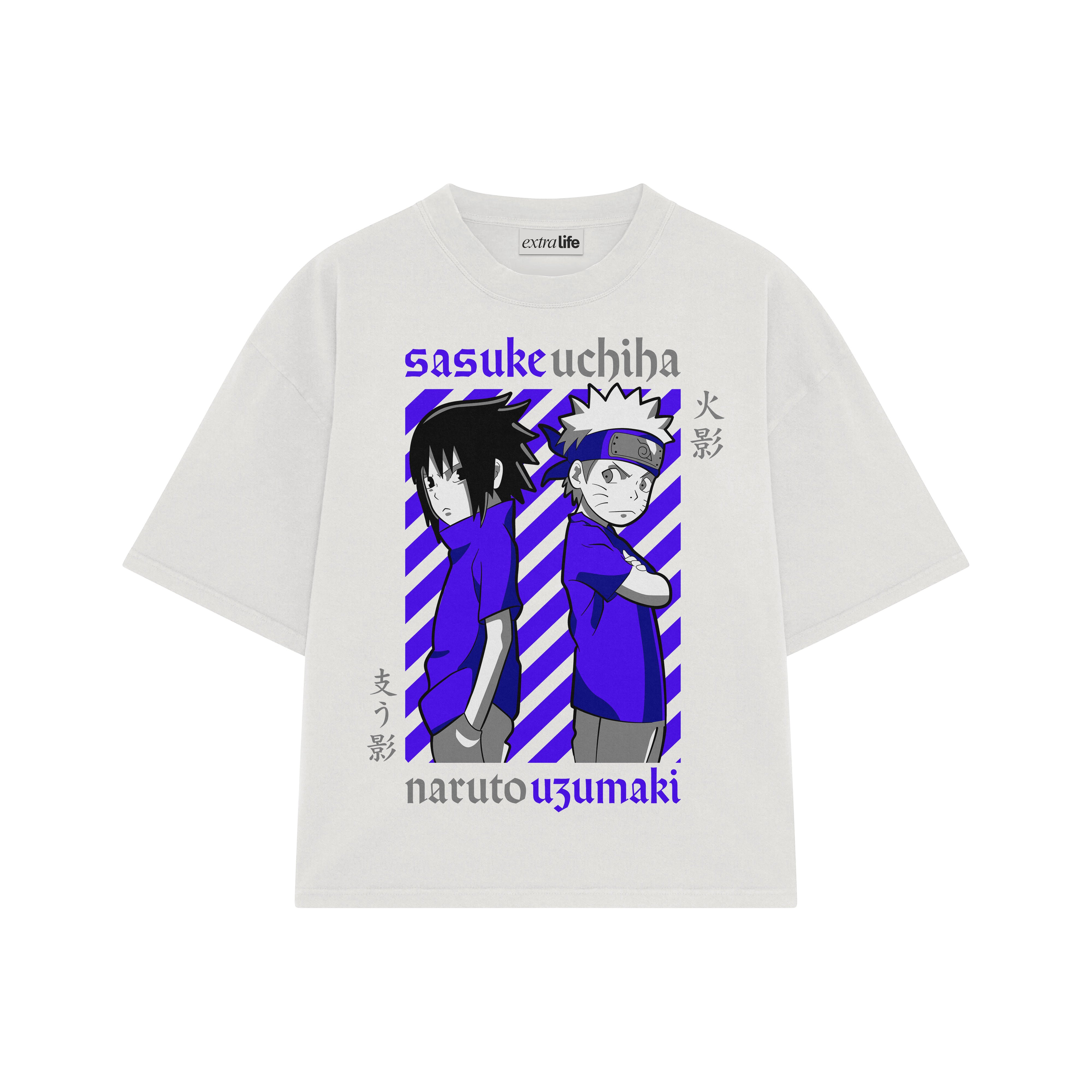 Playera streetwear premium de anime y gaming ExtraLife MX, corte boxy oversized drop shoulder heavyweight en color Deep Black y Off-White, moda urbana mexicana de culto.
