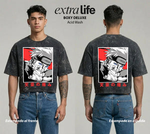 Playera streetwear premium de anime y gaming ExtraLife MX, corte boxy deluxe mineral wash heavyweight en color Acid Wash, moda urbana mexicana de culto.