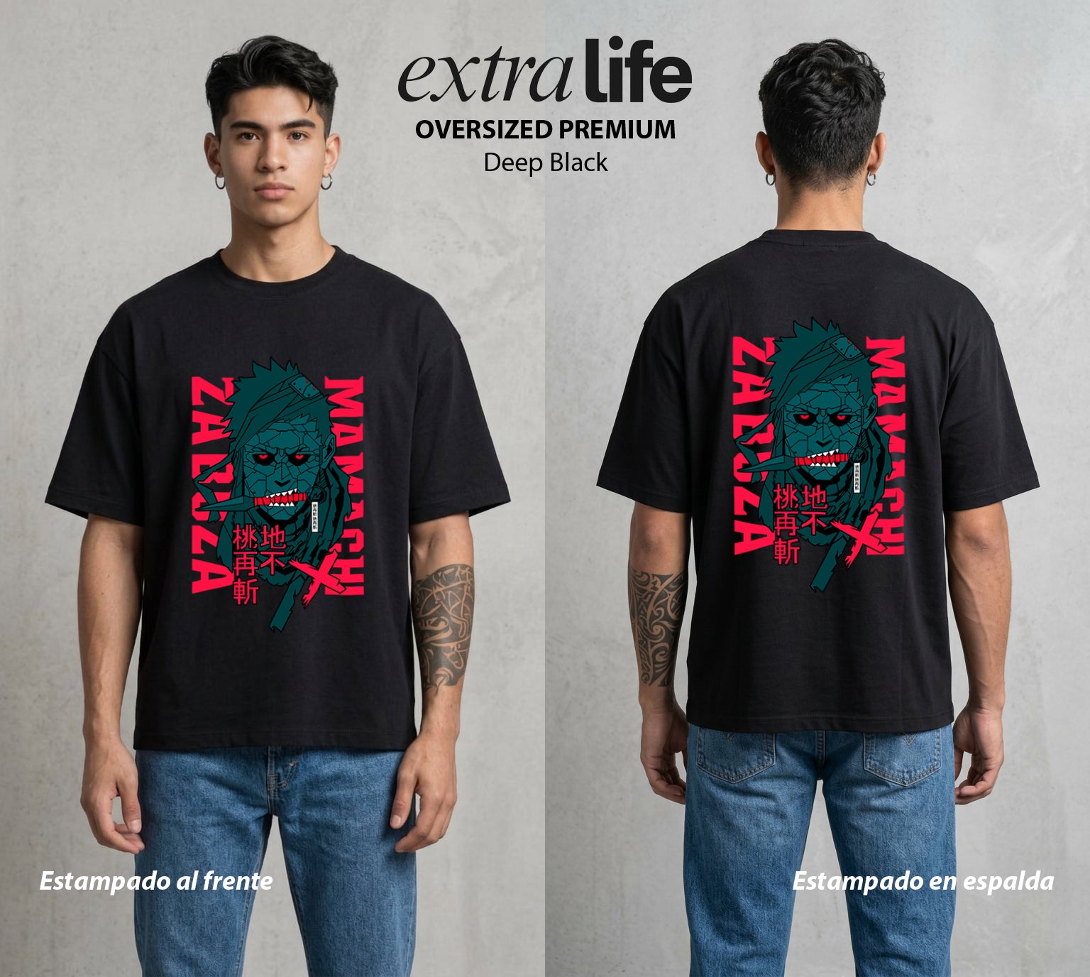 La Aldea Oculta | Zorro de Nueve Colas #02951 - Playera Oversized Premium | Deep Black - Foto en modelo