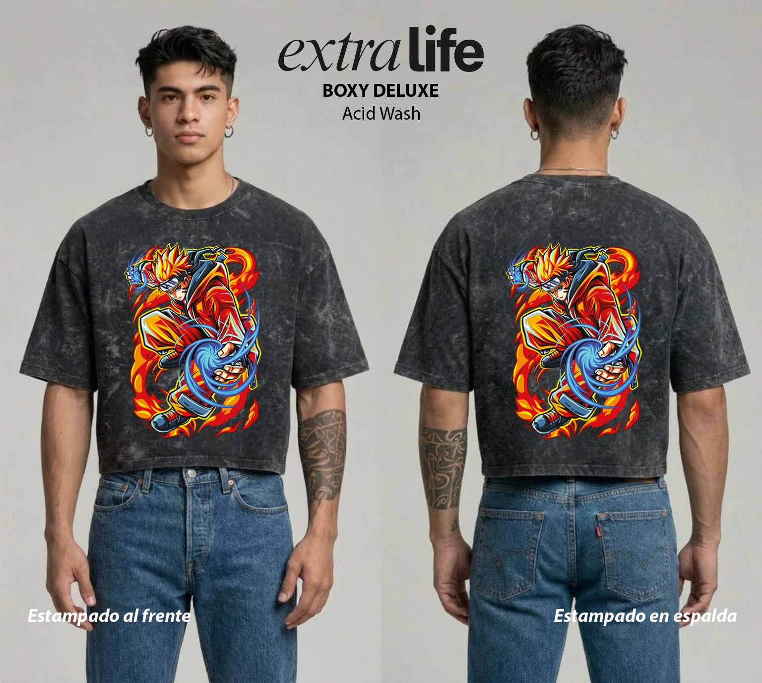 Playera streetwear premium de anime y gaming ExtraLife MX, corte boxy deluxe mineral wash heavyweight en color Acid Wash, moda urbana mexicana de culto.