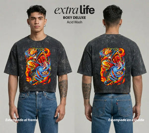 Playera streetwear premium de anime y gaming ExtraLife MX, corte boxy deluxe mineral wash heavyweight en color Acid Wash, moda urbana mexicana de culto.