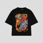 Playera streetwear premium de anime y gaming ExtraLife MX, corte boxy oversized drop shoulder heavyweight en color Deep Black y Off-White, moda urbana mexicana de culto.