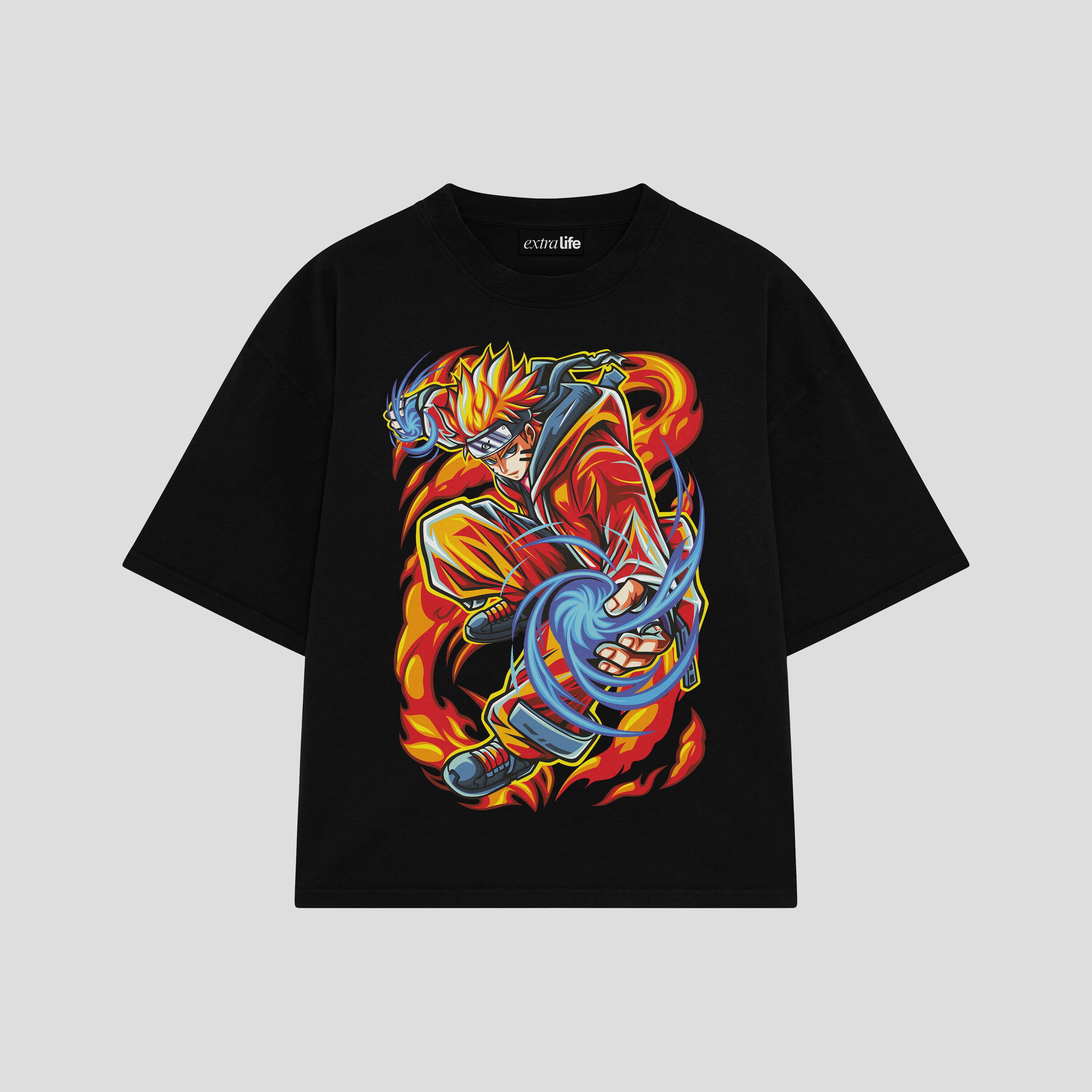 Playera streetwear premium de anime y gaming ExtraLife MX, corte boxy oversized drop shoulder heavyweight en color Deep Black y Off-White, moda urbana mexicana de culto.