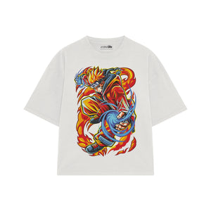 Playera streetwear premium de anime y gaming ExtraLife MX, corte boxy oversized drop shoulder heavyweight en color Deep Black y Off-White, moda urbana mexicana de culto.