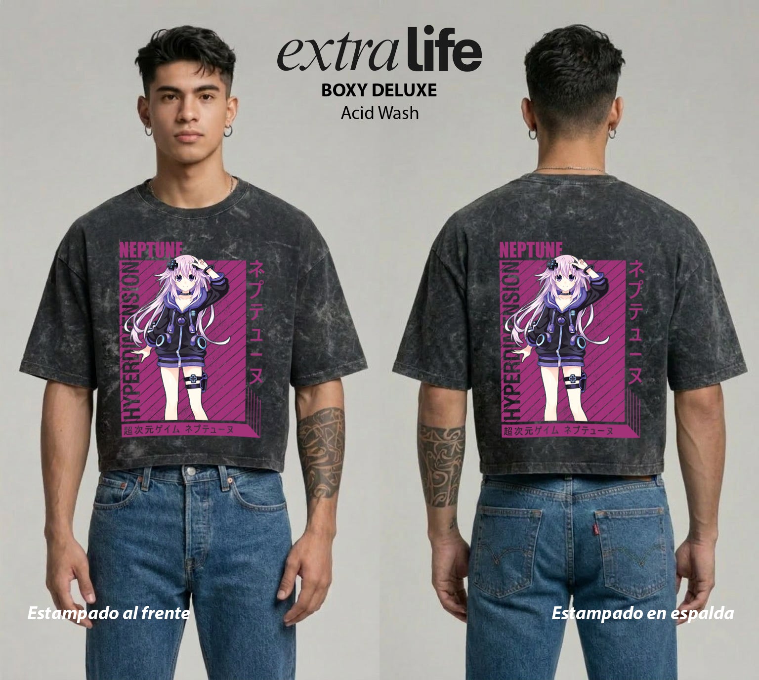 Playera streetwear premium de anime y gaming ExtraLife MX, corte boxy deluxe mineral wash heavyweight en color Acid Wash, moda urbana mexicana de culto.