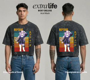 Playera streetwear premium de anime y gaming ExtraLife MX, corte boxy deluxe mineral wash heavyweight en color Acid Wash, moda urbana mexicana de culto.