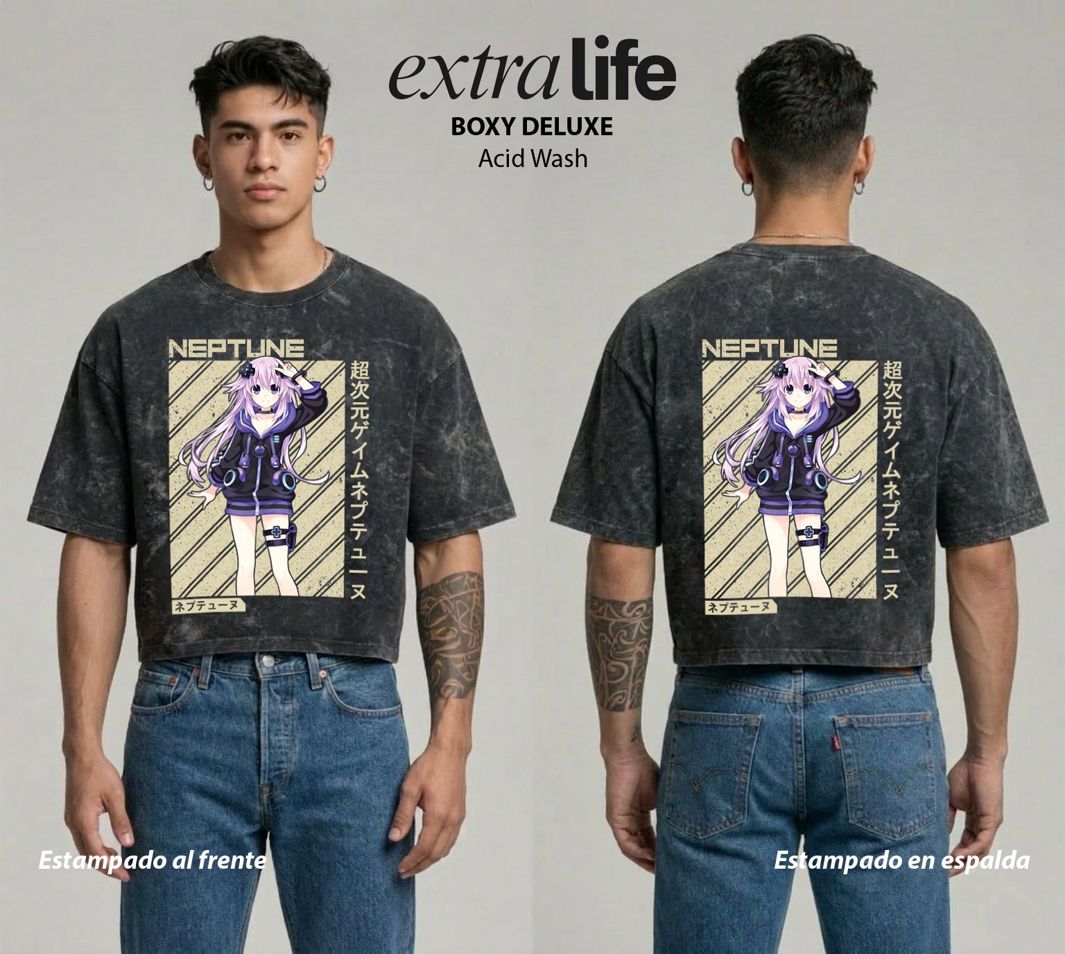 Playera streetwear premium de anime y gaming ExtraLife MX, corte boxy deluxe mineral wash heavyweight en color Acid Wash, moda urbana mexicana de culto.