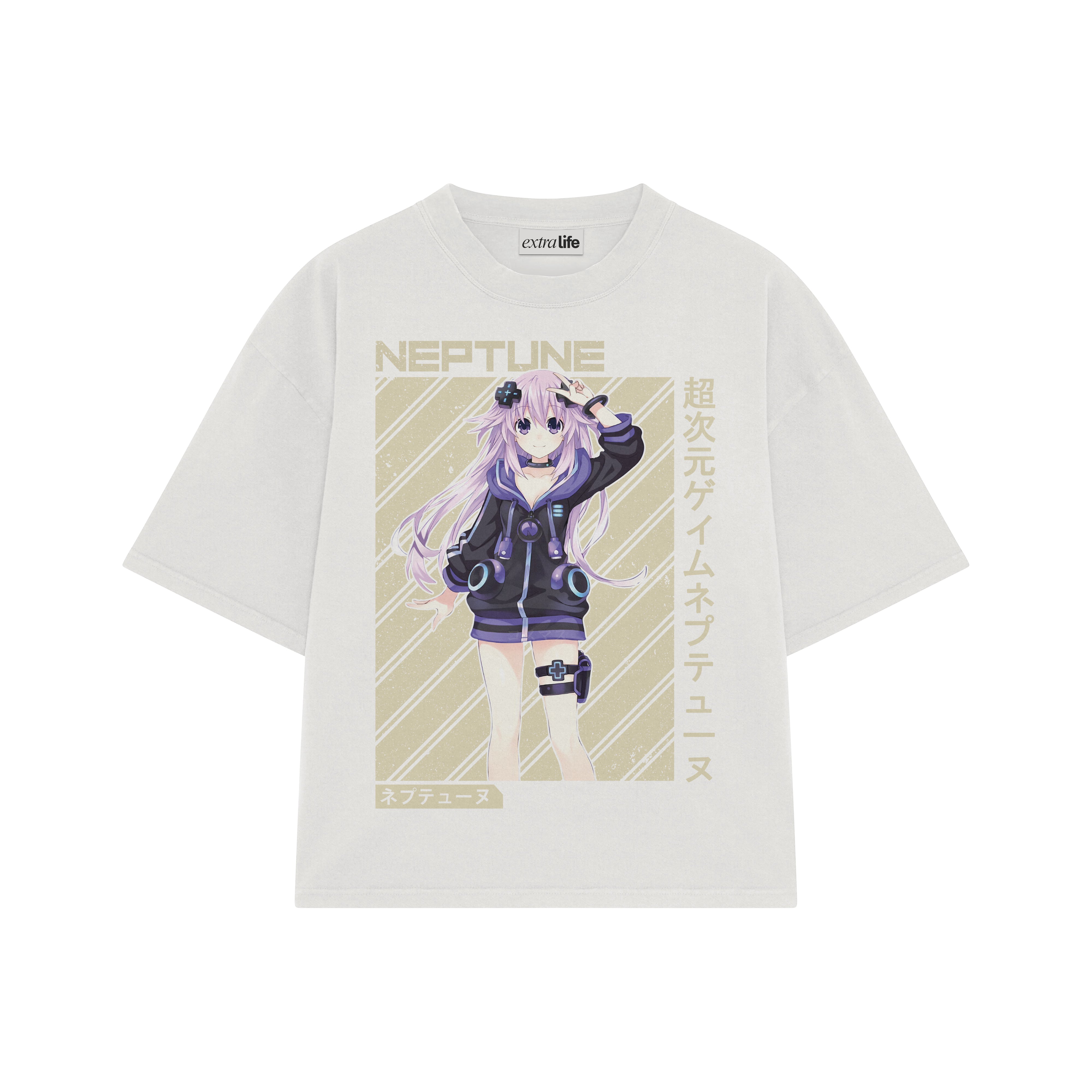 Playera streetwear premium de anime y gaming ExtraLife MX, corte boxy oversized drop shoulder heavyweight en color Deep Black y Off-White, moda urbana mexicana de culto.