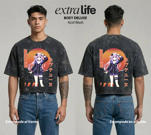 Playera streetwear premium de anime y gaming ExtraLife MX, corte boxy deluxe mineral wash heavyweight en color Acid Wash, moda urbana mexicana de culto.