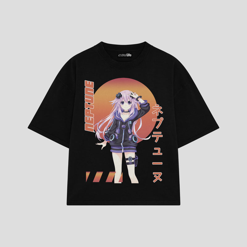 Playera streetwear premium de anime y gaming ExtraLife MX, corte boxy oversized drop shoulder heavyweight en color Deep Black y Off-White, moda urbana mexicana de culto.