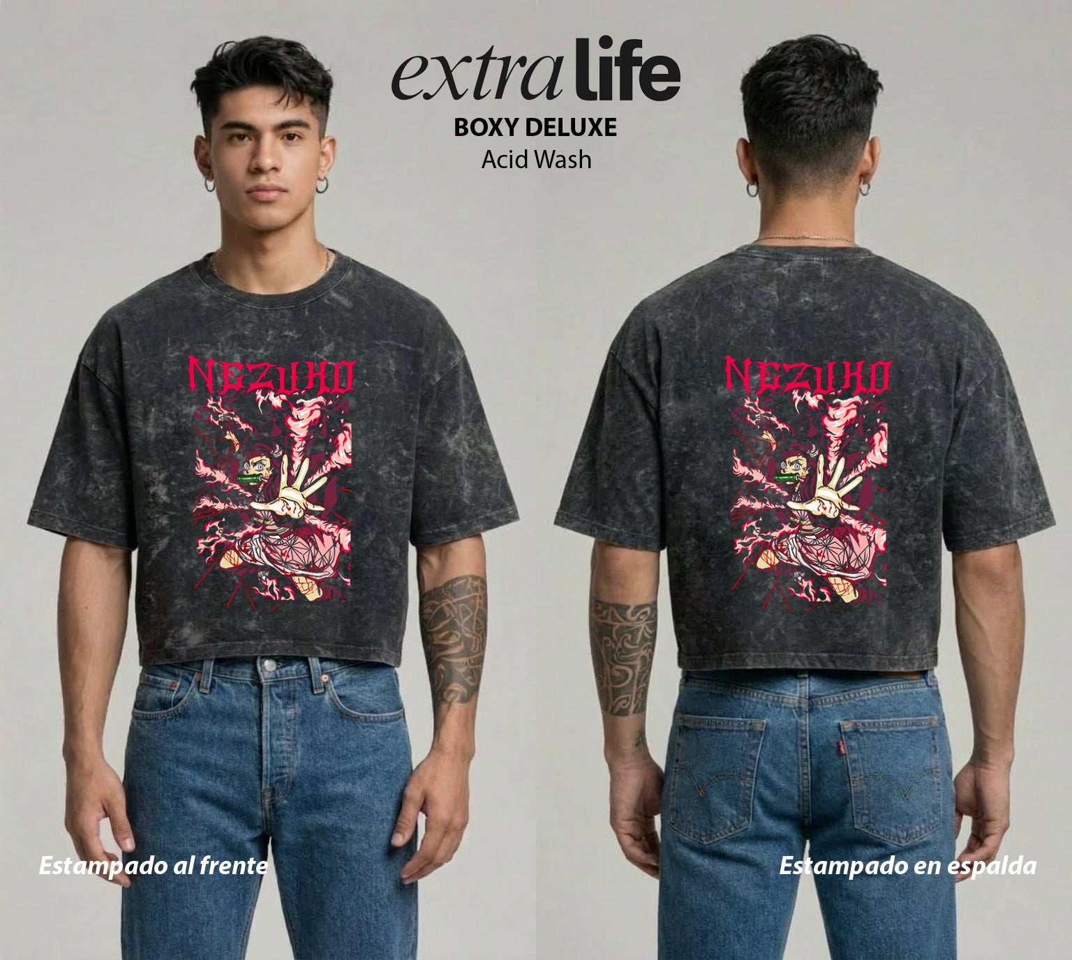 Playera streetwear premium de anime y gaming ExtraLife MX, corte boxy deluxe mineral wash heavyweight en color Acid Wash, moda urbana mexicana de culto.