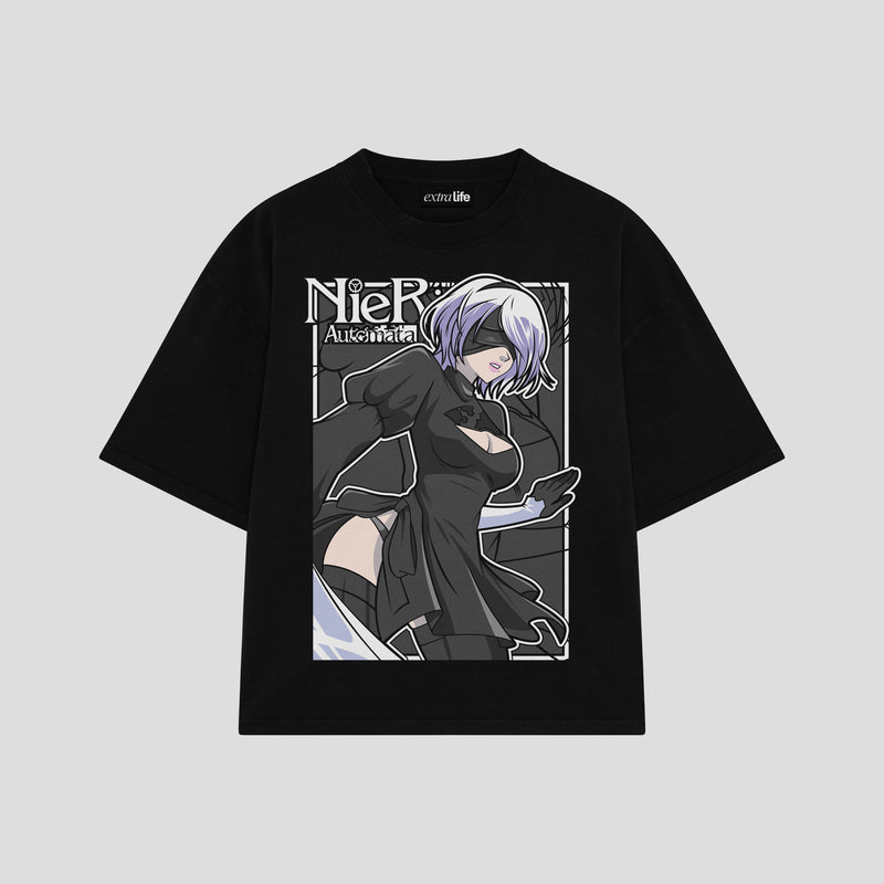 Playera streetwear premium de anime y gaming ExtraLife MX, corte boxy oversized drop shoulder heavyweight en color Deep Black y Off-White, moda urbana mexicana de culto.