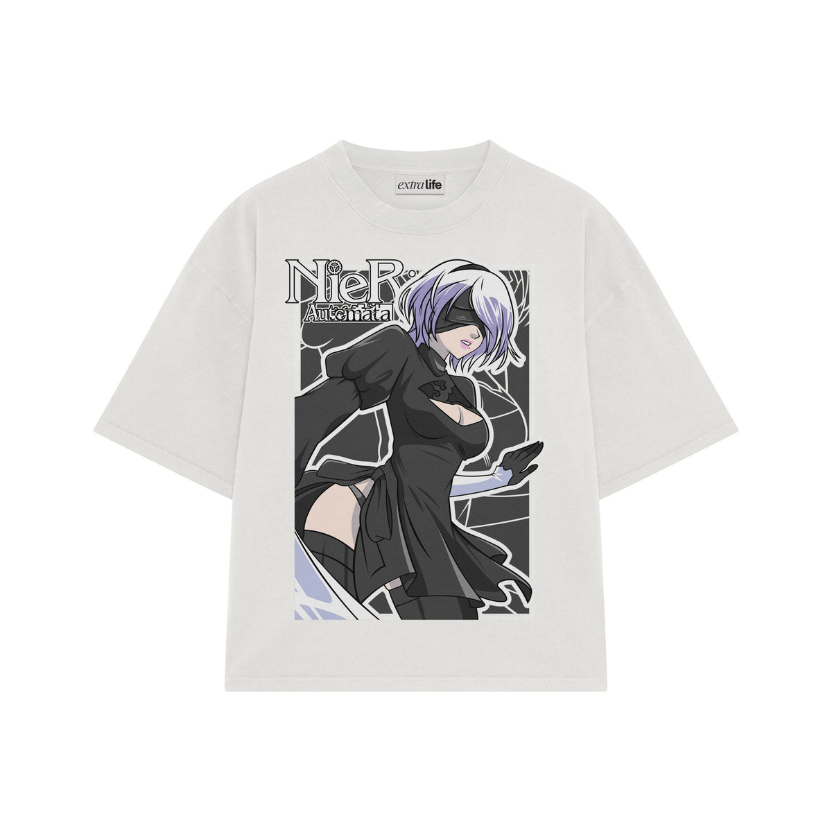 Playera streetwear premium de anime y gaming ExtraLife MX, corte oversized drop shoulder ligero y fresco en color Deep Black y Off-White, moda urbana mexicana de culto.