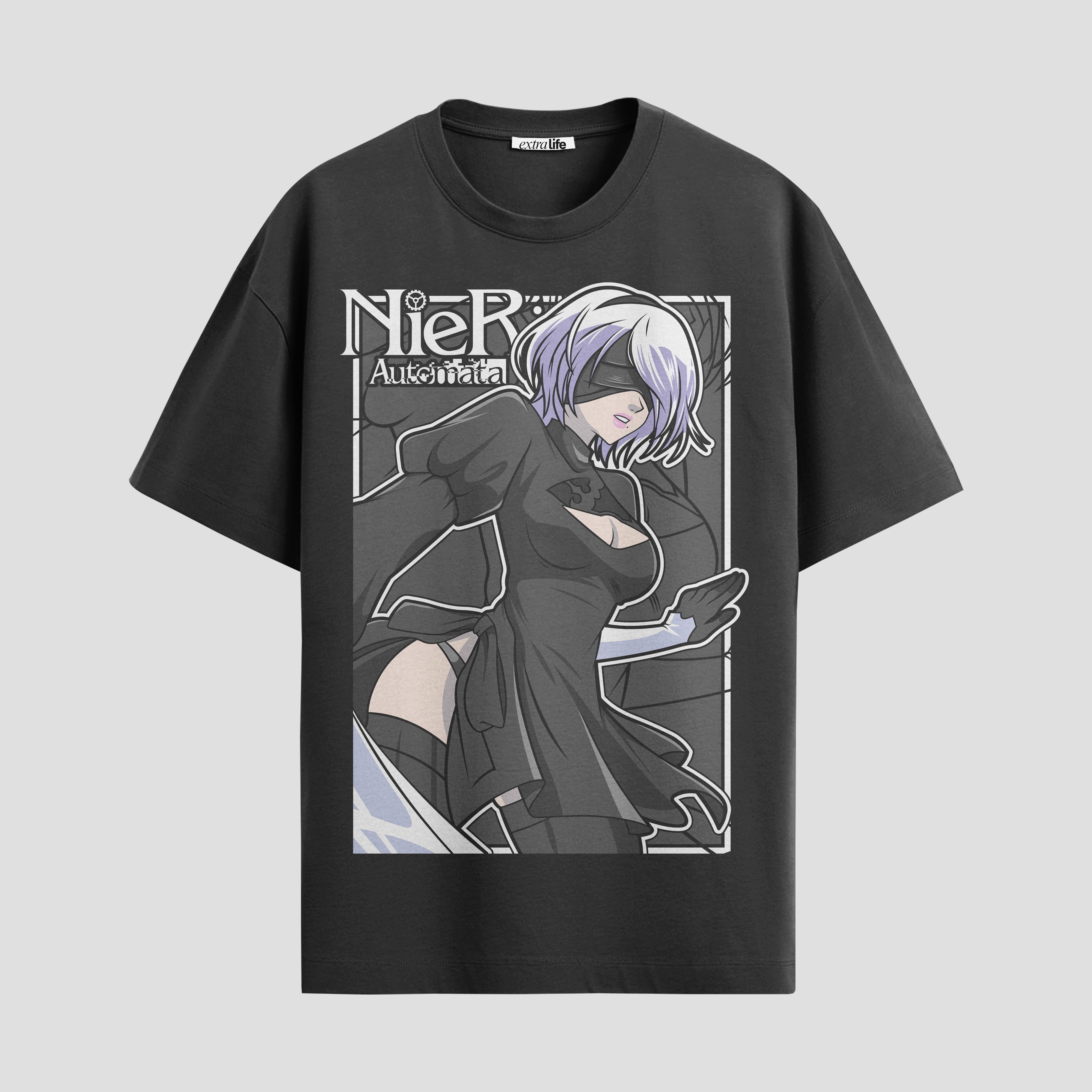 Playera urbana de anime y gaming ExtraLife MX, corte Standard Fit unisex ligero y transpirable en color Deep Black y Pure White, ropa de uso diario para gym y casual.