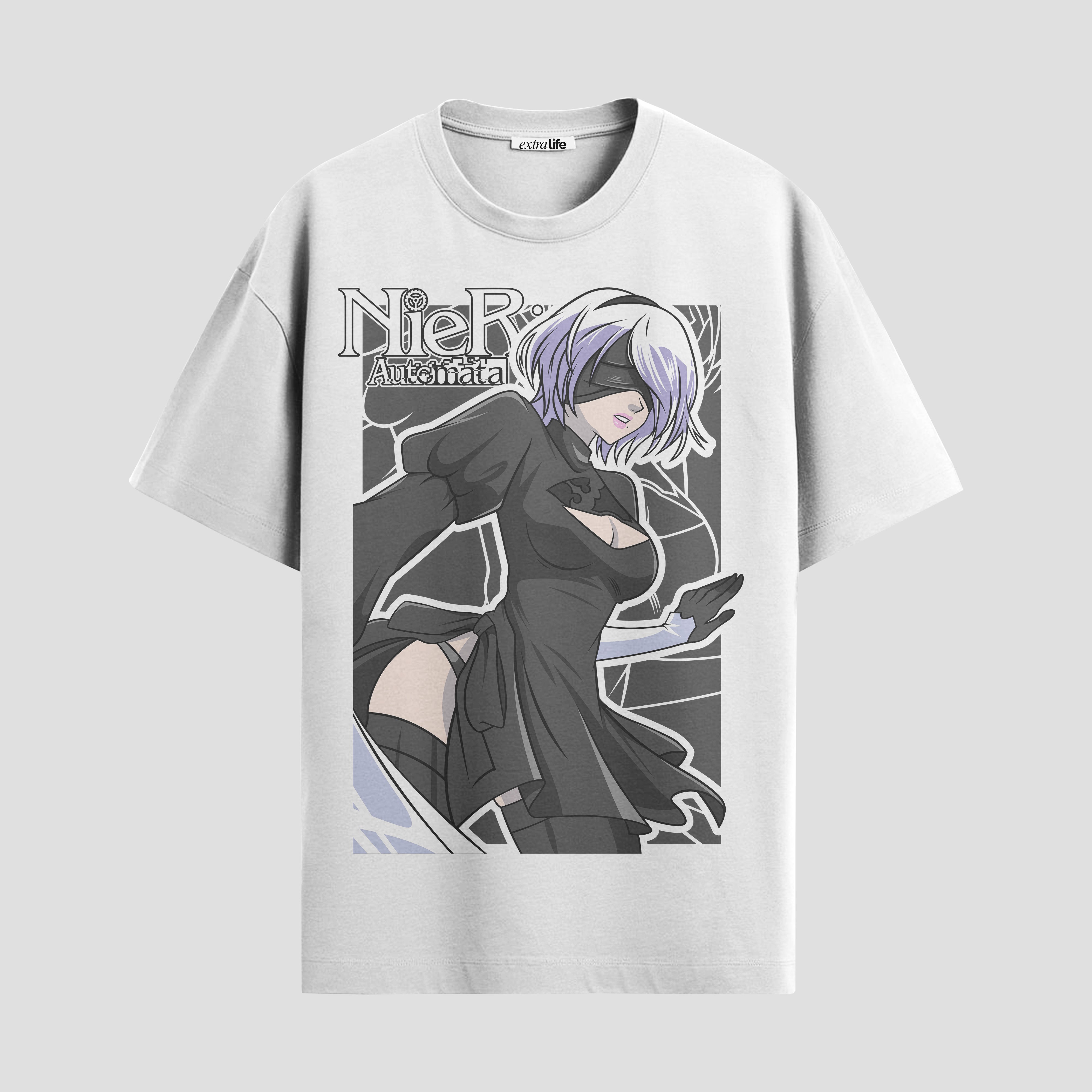 Playera urbana de anime y gaming ExtraLife MX, corte Standard Fit unisex ligero y transpirable en color Deep Black y Pure White, ropa de uso diario para gym y casual.