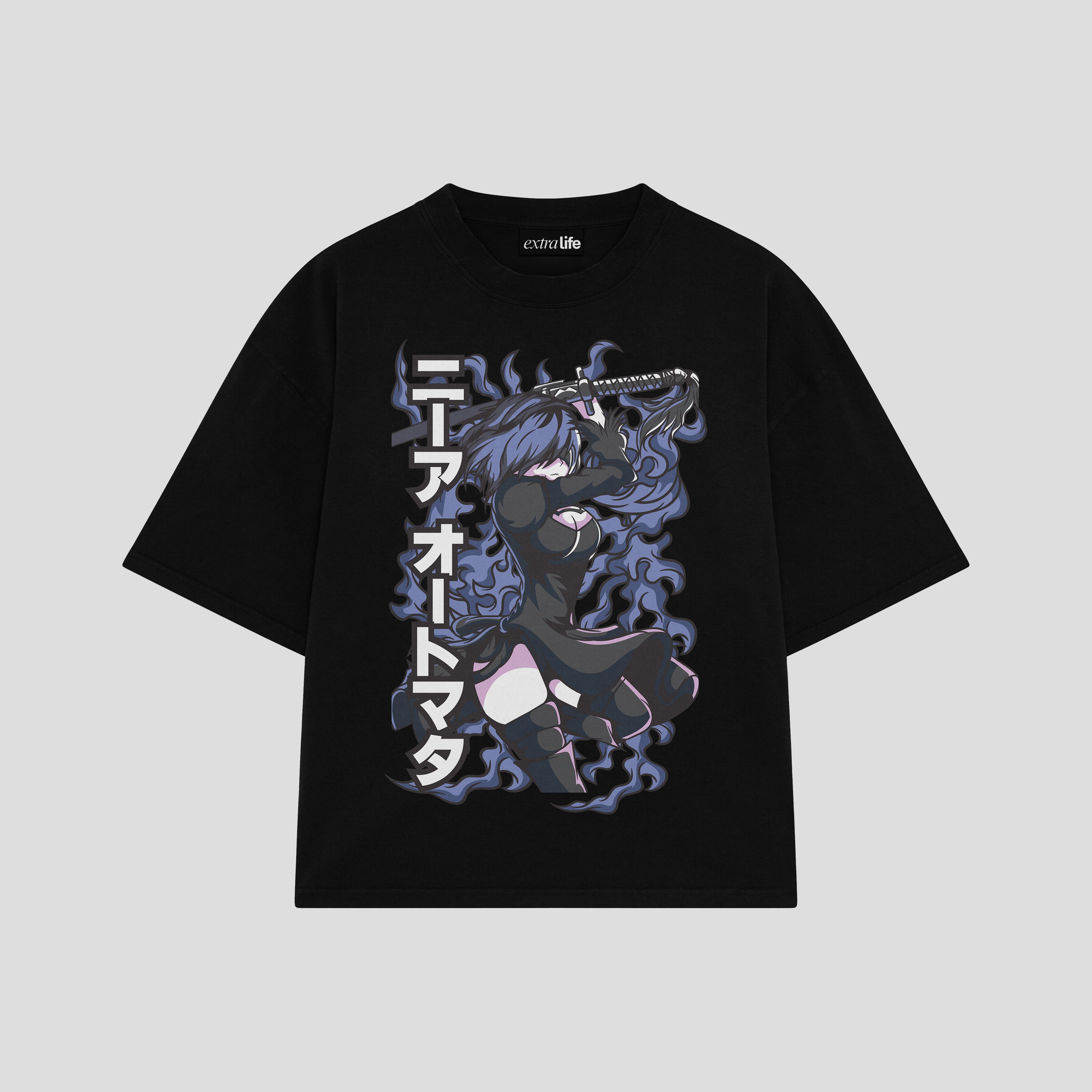 Playera streetwear premium de anime y gaming ExtraLife MX, corte boxy oversized drop shoulder heavyweight en color Deep Black y Off-White, moda urbana mexicana de culto.