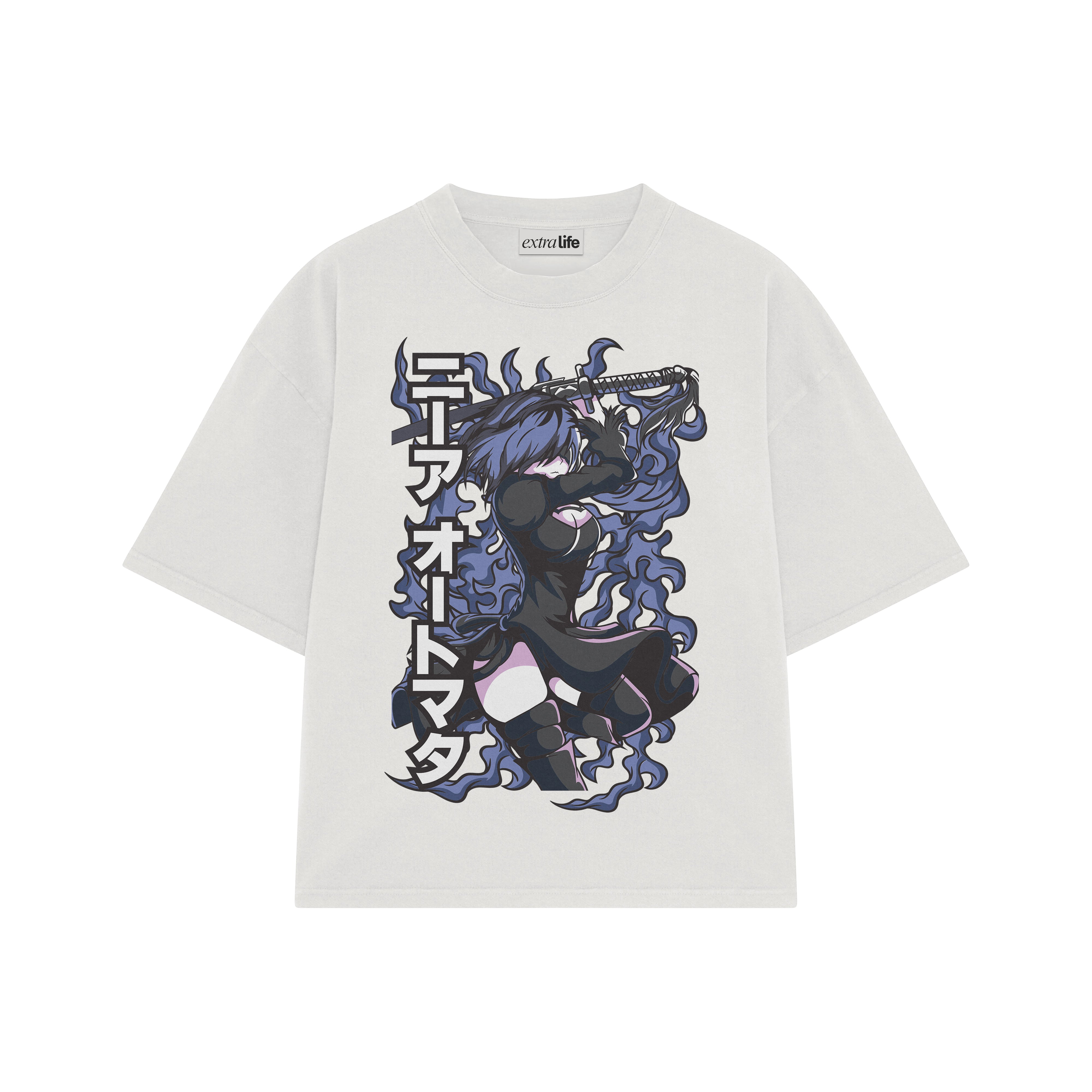 Playera streetwear premium de anime y gaming ExtraLife MX, corte boxy oversized drop shoulder heavyweight en color Deep Black y Off-White, moda urbana mexicana de culto.