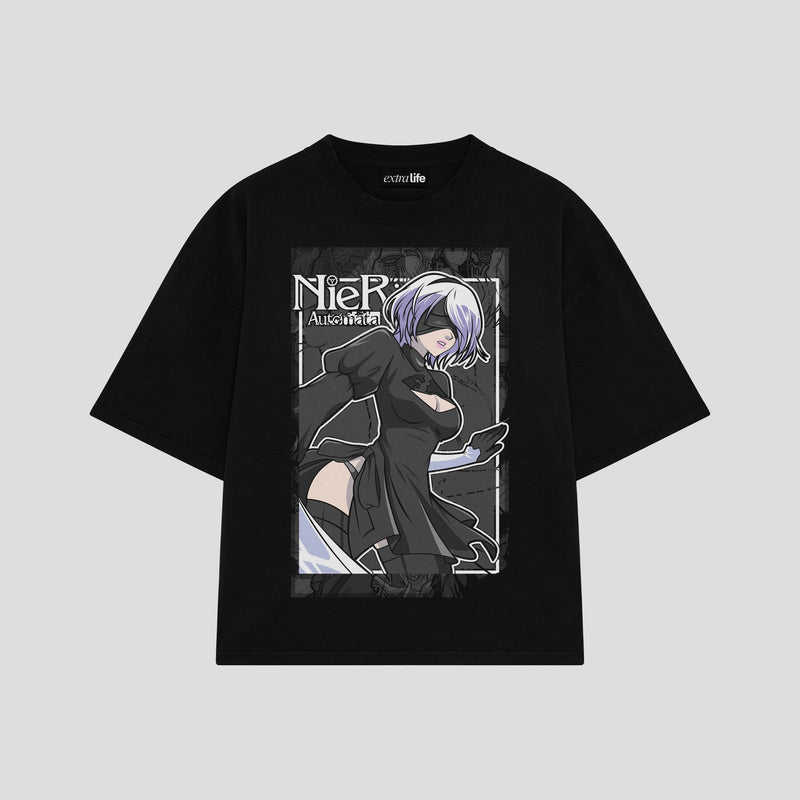 Playera streetwear premium de anime y gaming ExtraLife MX, corte boxy oversized drop shoulder heavyweight en color Deep Black y Off-White, moda urbana mexicana de culto.