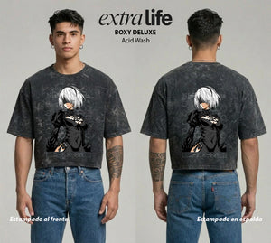 Playera streetwear premium de anime y gaming ExtraLife MX, corte boxy deluxe mineral wash heavyweight en color Acid Wash, moda urbana mexicana de culto.